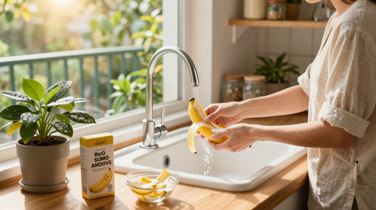 Pessoa a lavar uma banana na torneira da cozinha junto a uma planta e uma caixa de sumo de banana.
