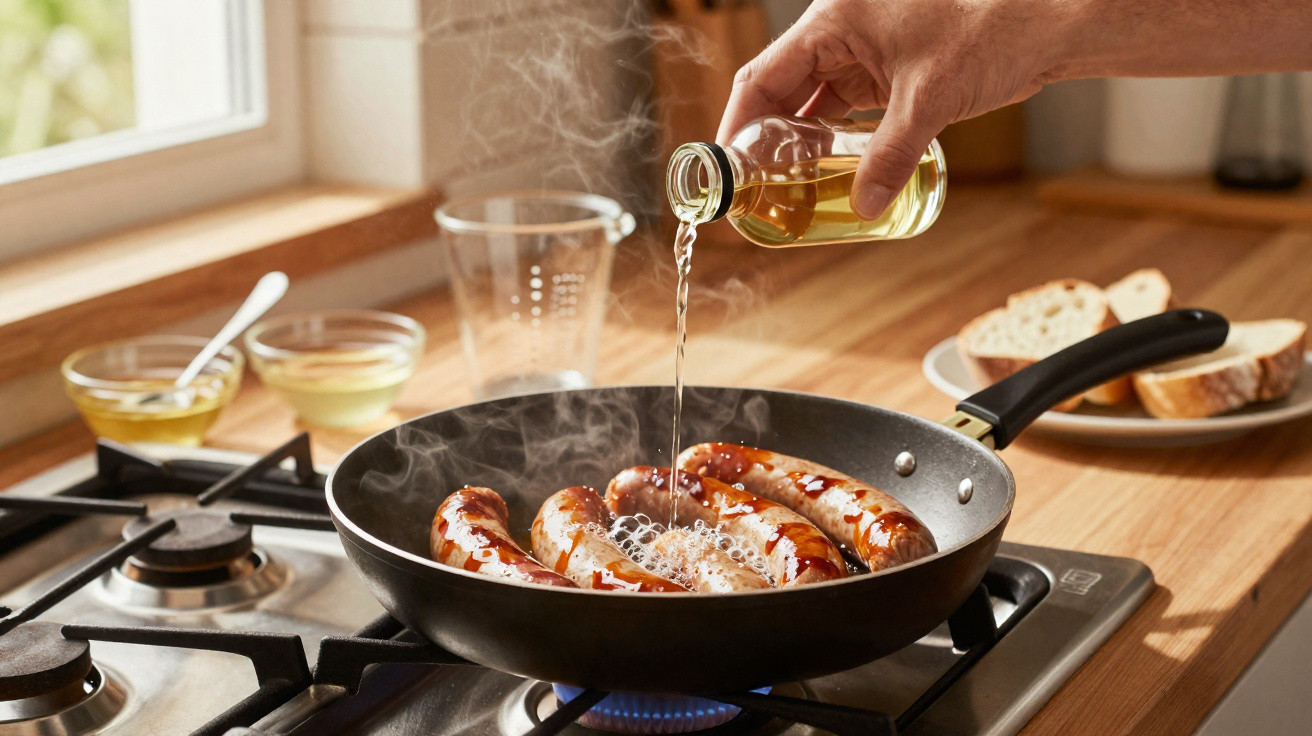 Mão a deitar azeite numa frigideira com quatro salsichas a cozinhar no fogão a gás numa cozinha iluminada.