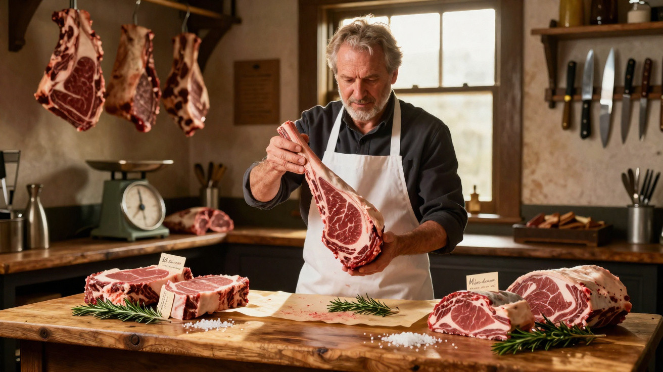 Homem com avental branco a preparar pedaço grande de carne num talho rústico com várias carnes e facas.