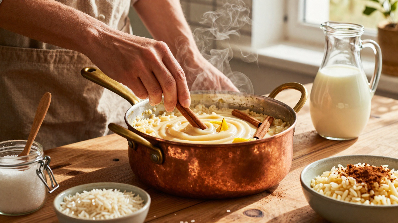 Pessoa a mexer arroz doce quente numa panela de cobre com pau de canela, rodeada por ingredientes numa bancada de madeira.