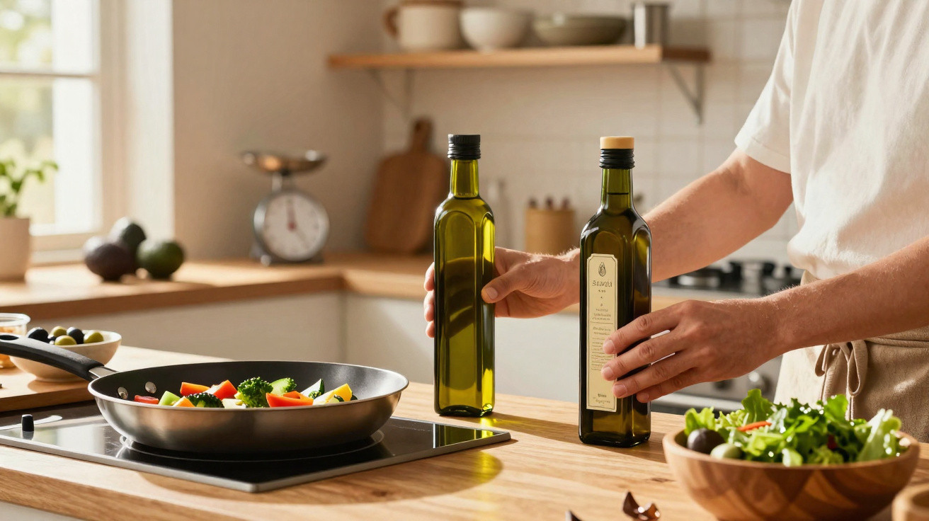 Pessoa na cozinha a cozinhar legumes numa frigideira e a pegar em garrafas de azeite.