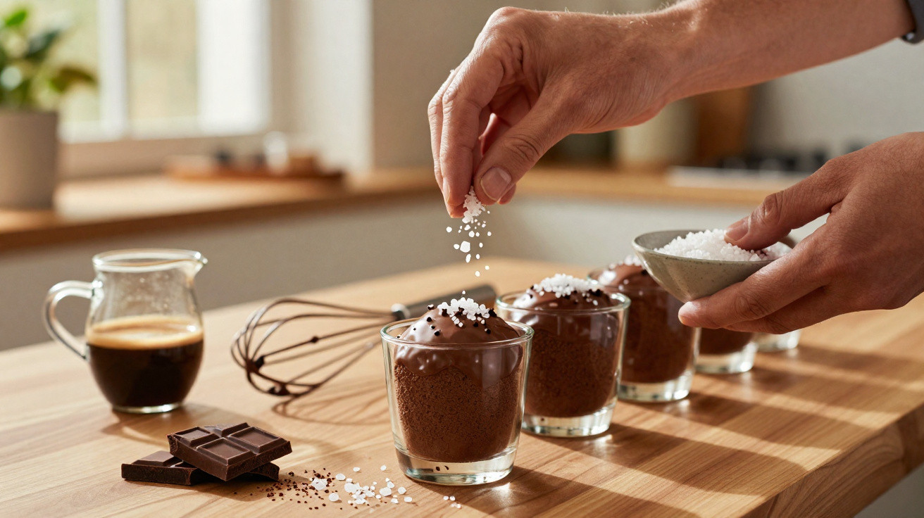 Mãos a polvilhar açúcar em cima de mousse de chocolate servida em copos transparentes numa bancada de madeira.