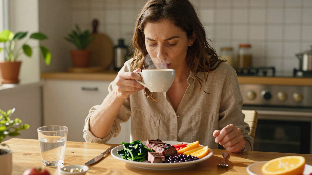Mulher a beber de uma chávena enquanto está sentada à mesa com um prato de comida à sua frente numa cozinha.