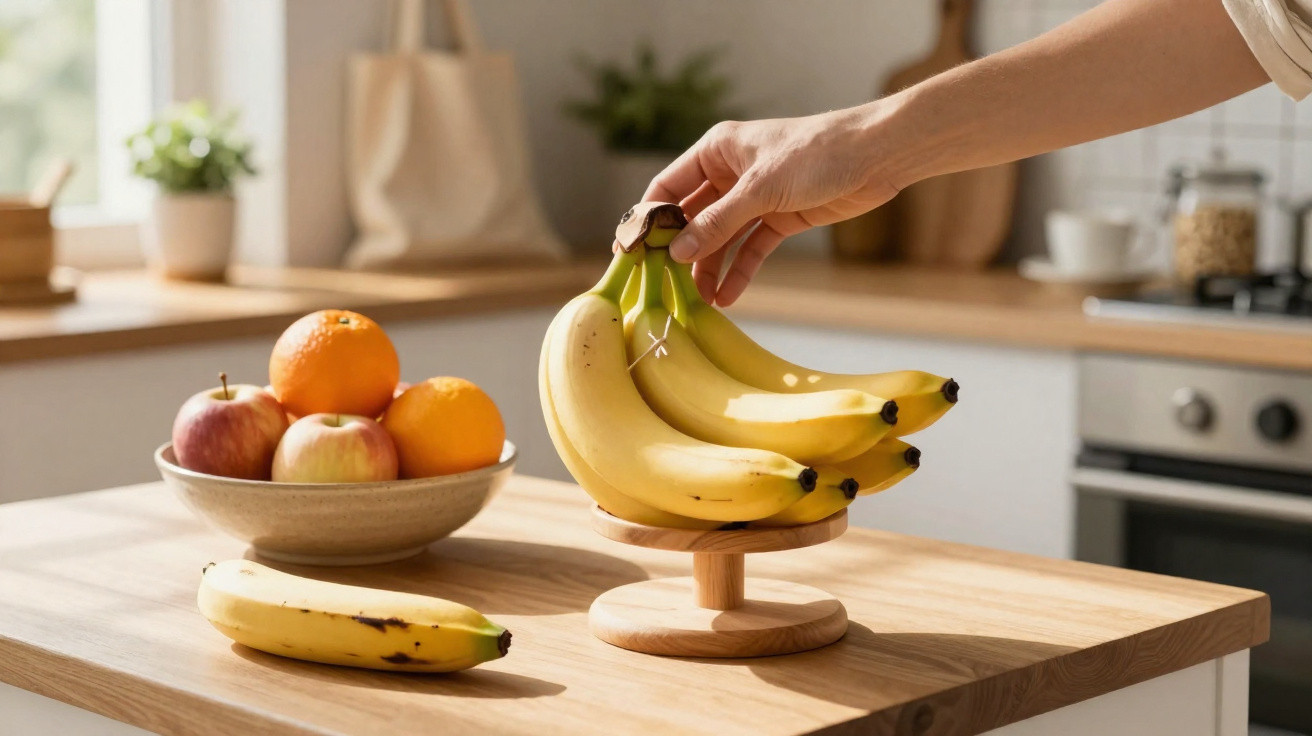 Mão a pegar cacho de bananas sobre balança de madeira numa cozinha com taça de frutas ao fundo.