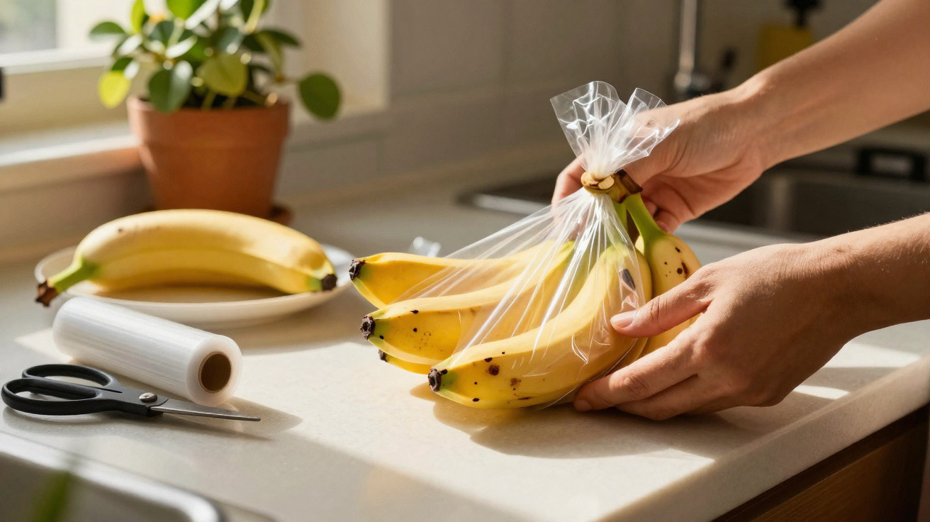Mãos envolvem cachos de bananas em plástico transparente numa bancada de cozinha com tesoura e planta ao fundo.