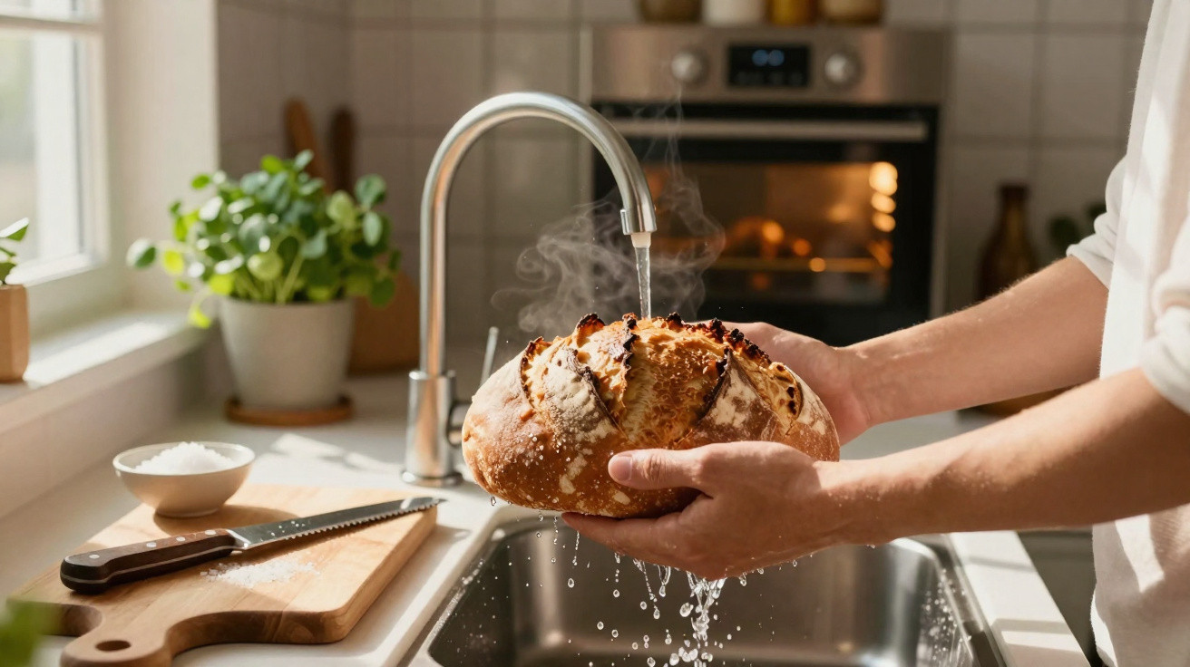 Pessoa a lavar pão quente com vapor numa cozinha iluminada, com bancada e forno ao fundo.