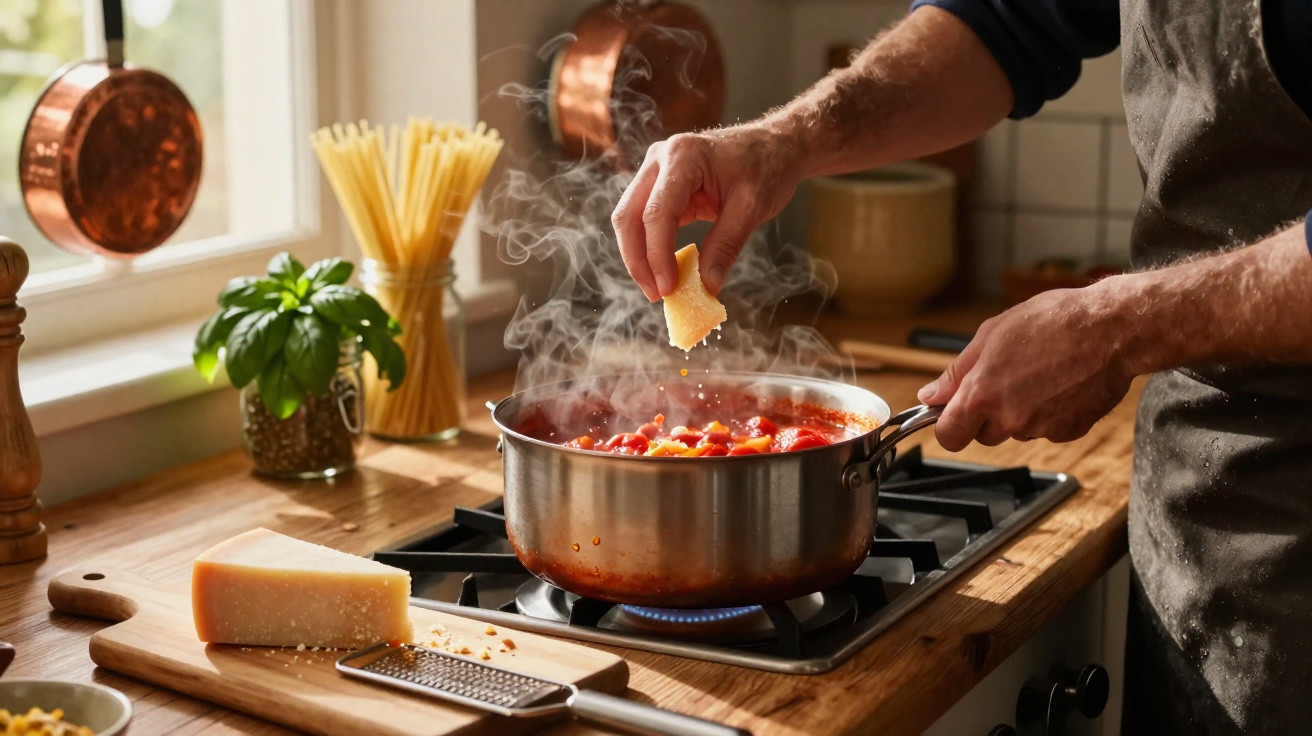 Pessoa a polvilhar queijo ralado numa panela com molho de tomate a cozinhar num fogão a gás.
