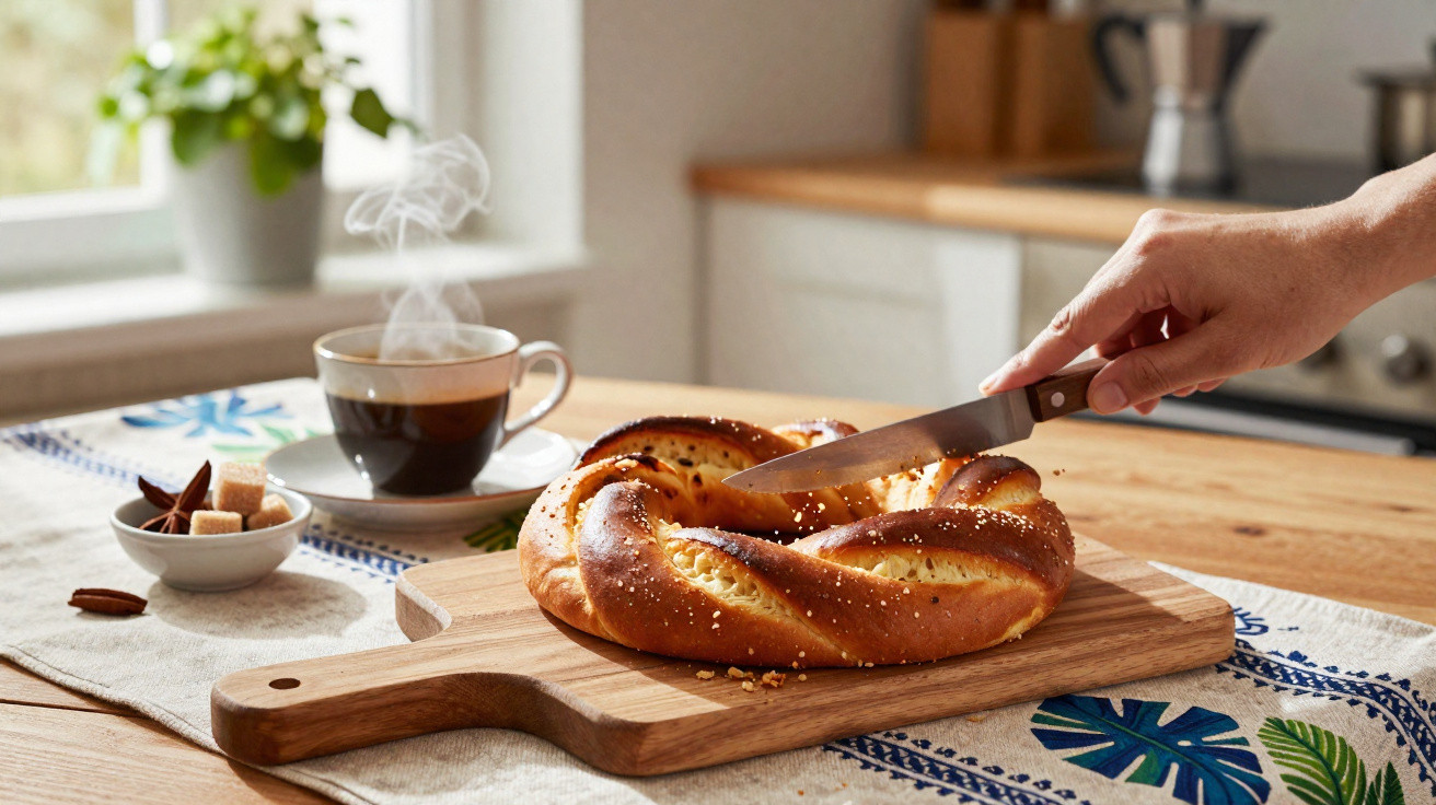 Mão a cortar um pretzel salgado num tabuleiro de madeira numa mesa com chá quente e açúcares.