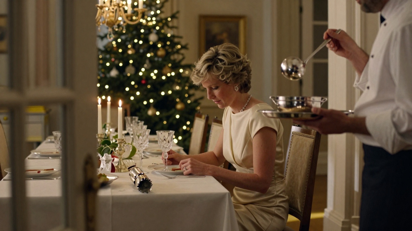Mulher sentada à mesa de jantar decorada para Natal, com árvore de Natal e homem a servir comida.