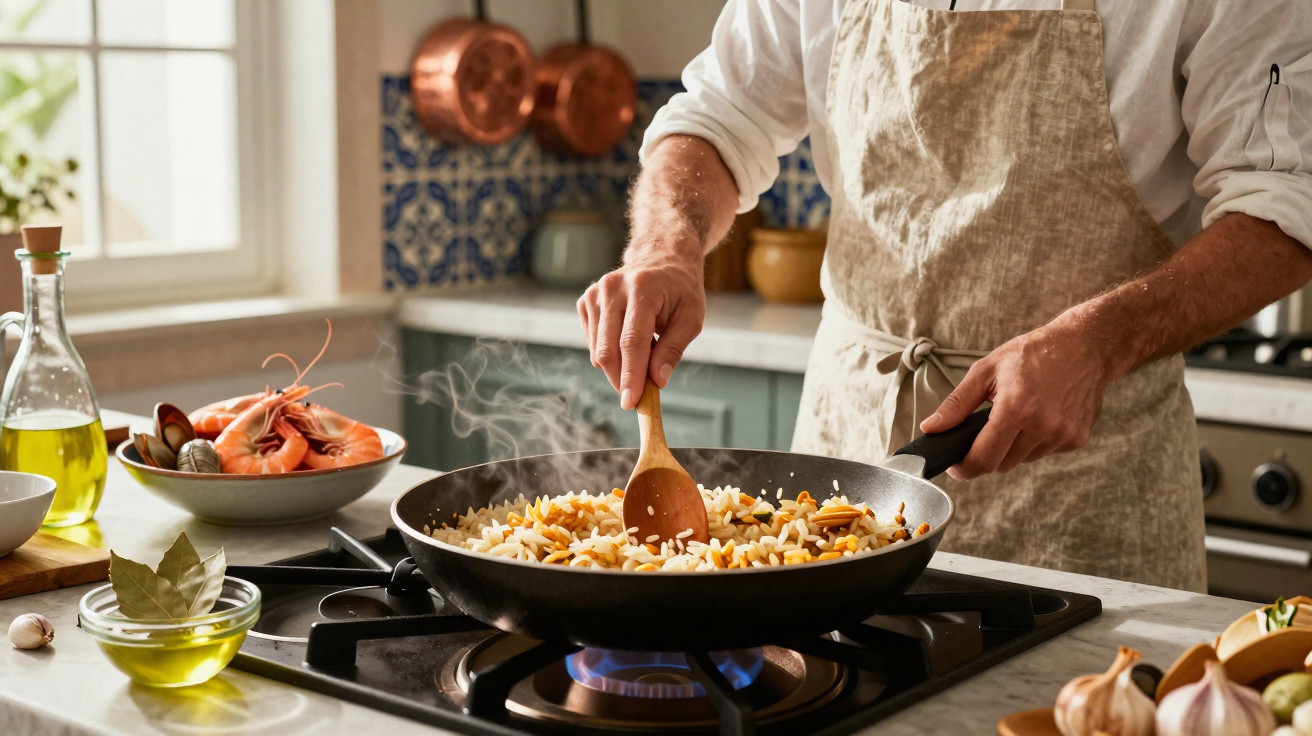 Pessoa a cozinhar arroz de marisco numa frigideira numa cozinha moderna, com ingredientes frescos à volta.