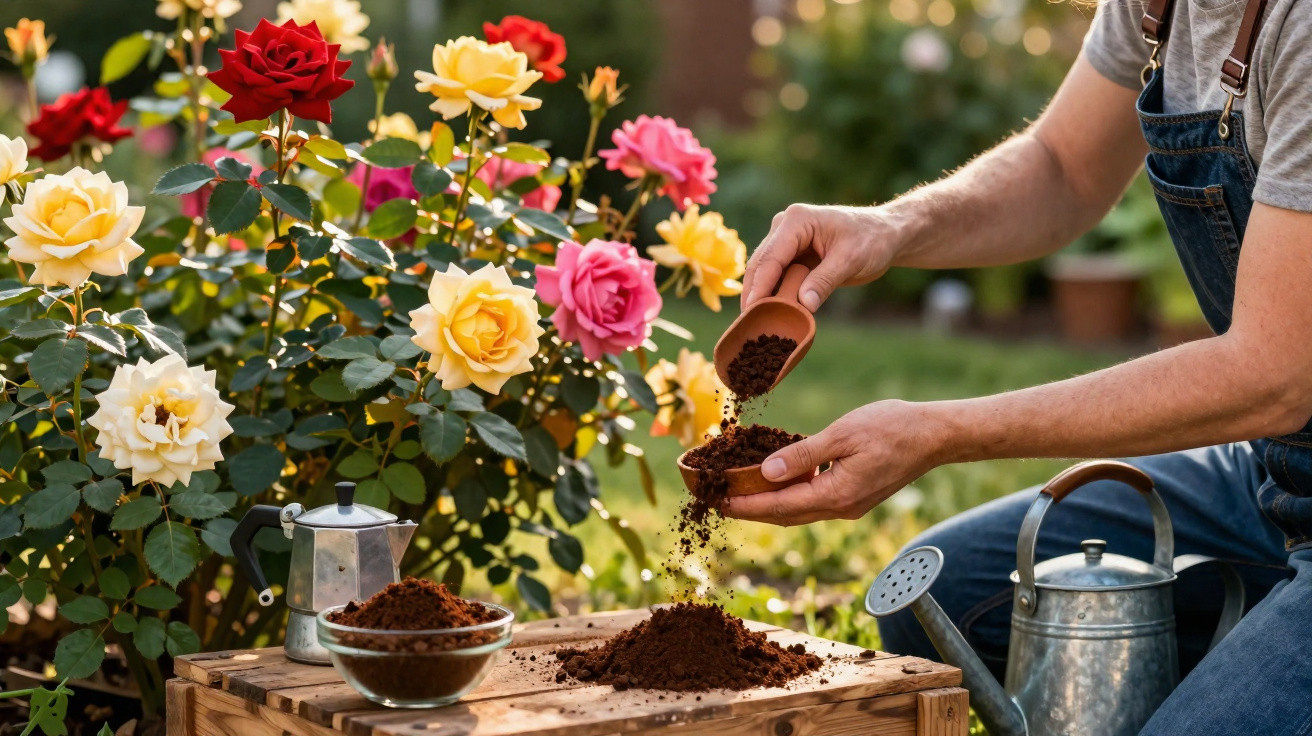Pessoa a adubar plantas de rosa com terra em jardim ensolarado, com regador e café ao lado.