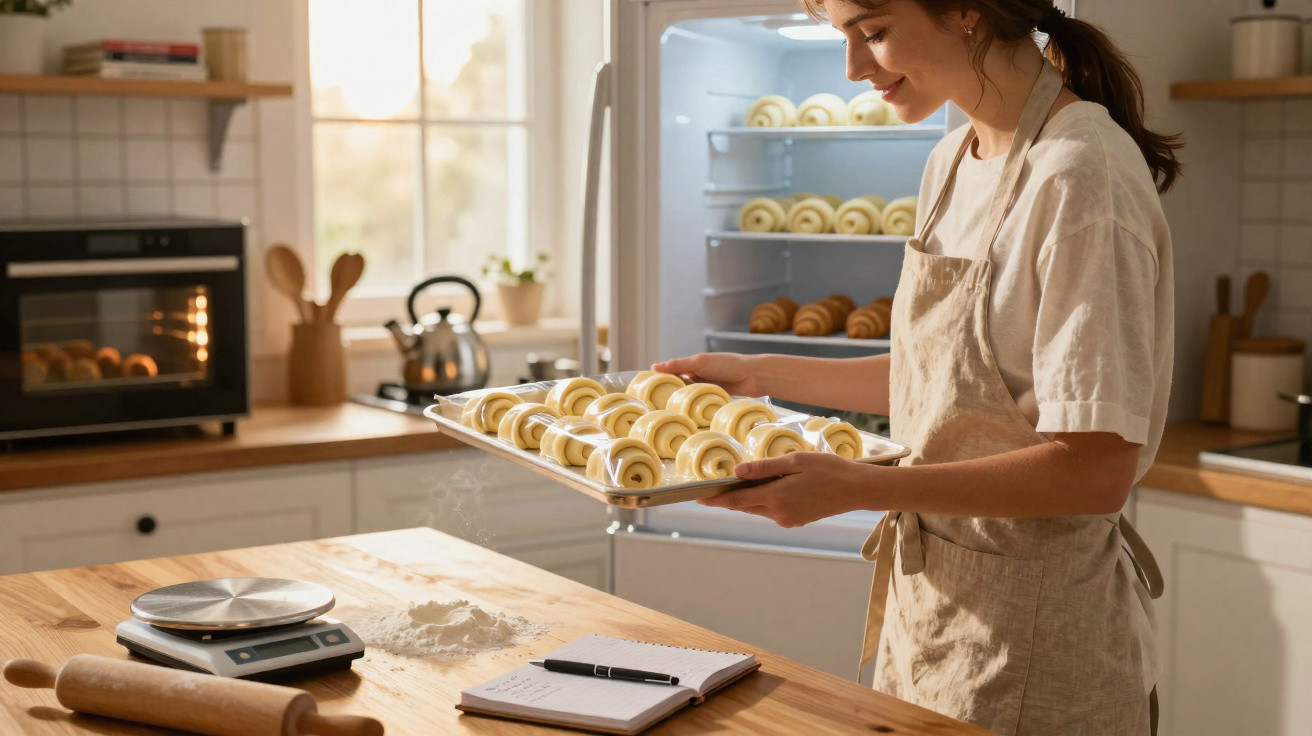 Mulher com avental a colocar tabuleiro de croissants no frigorífico numa cozinha luminosa.