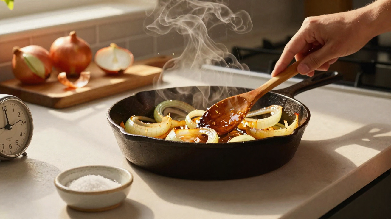 Alguém a cozinhar cebolas salteadas numa frigideira com vapor a subir, ao lado sal e cebolas cortadas.