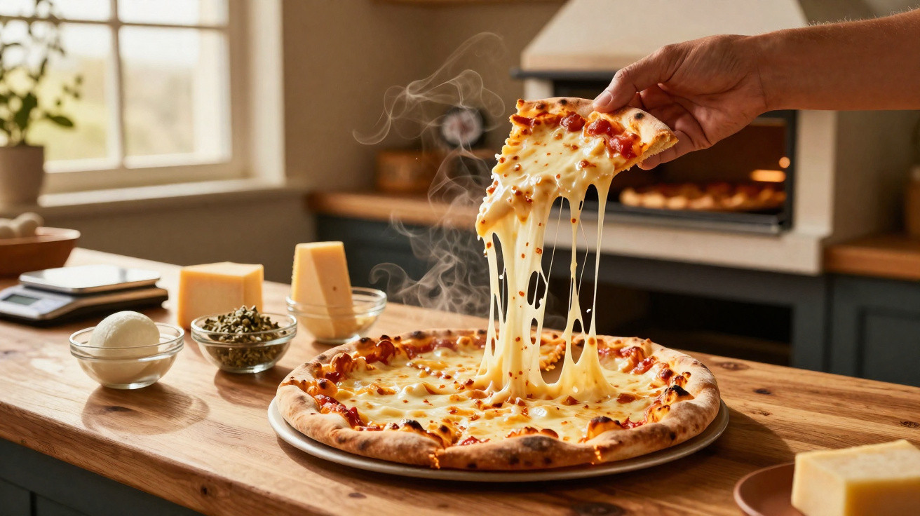 Mão a levantar fatia de pizza quente com queijo a esticar numa cozinha rústica iluminada.