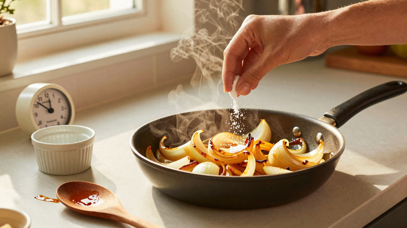 Mão a temperar cebolas a alourar numa frigideira com sal, em cozinha iluminada pela luz natural.
