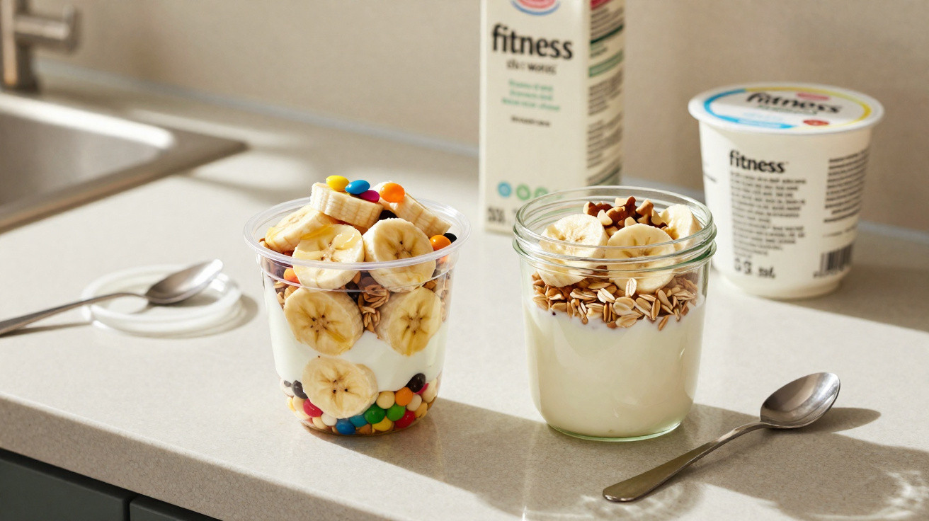 Duas taças com iogurte, banana fatiada, granola e confeitos coloridos numa bancada de cozinha.