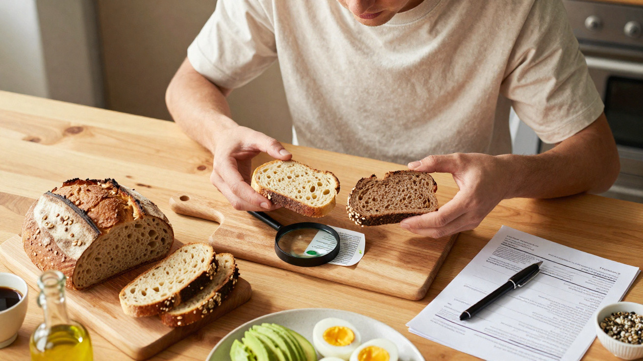 Pessoa a segurar fatias de pão branco e integral, com vários alimentos, lupa e documentos numa mesa de madeira.