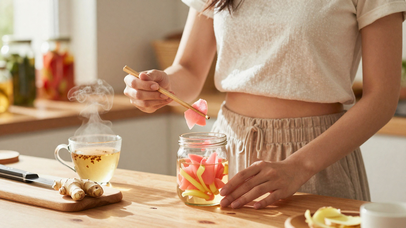 Pessoa a colocar fatias de gengibre e outra raiz cor-de-rosa em frasco, com chá quente ao lado, numa cozinha.