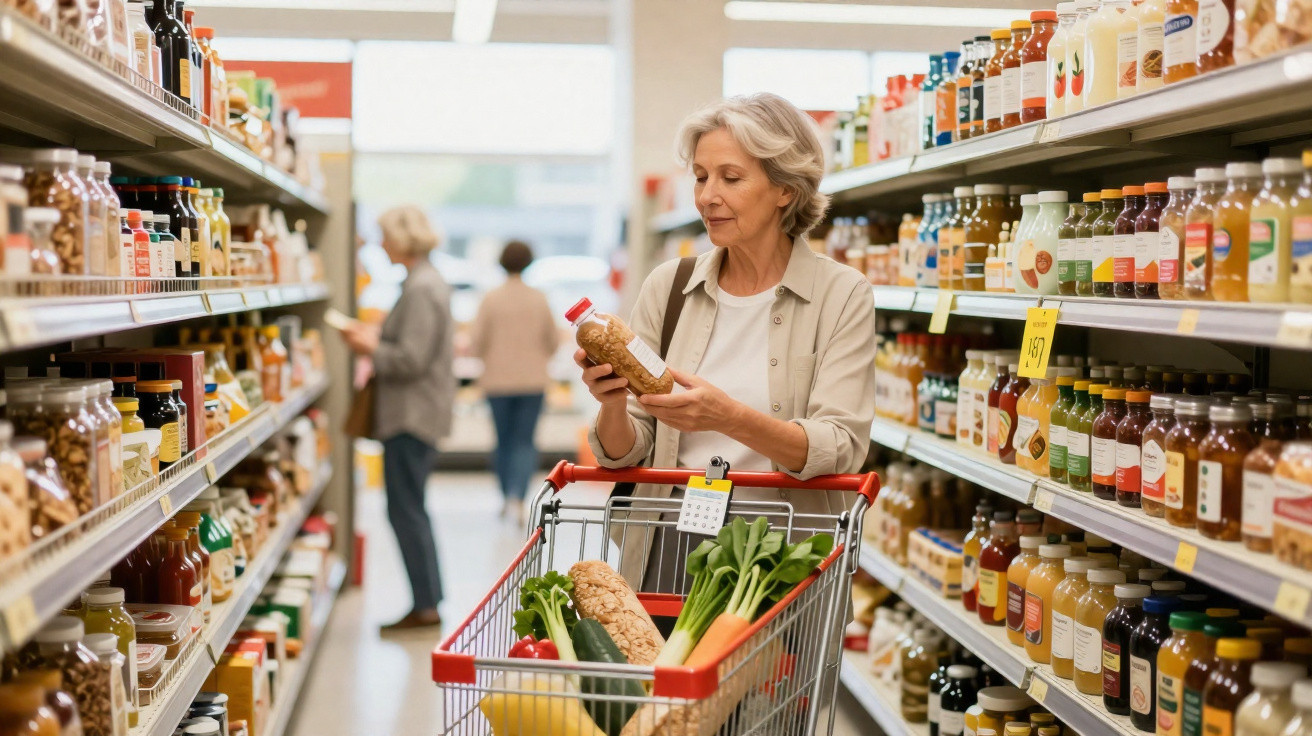 Mulher madura a ler embalagem de produto enquanto faz compras num supermercado bem abastecido.