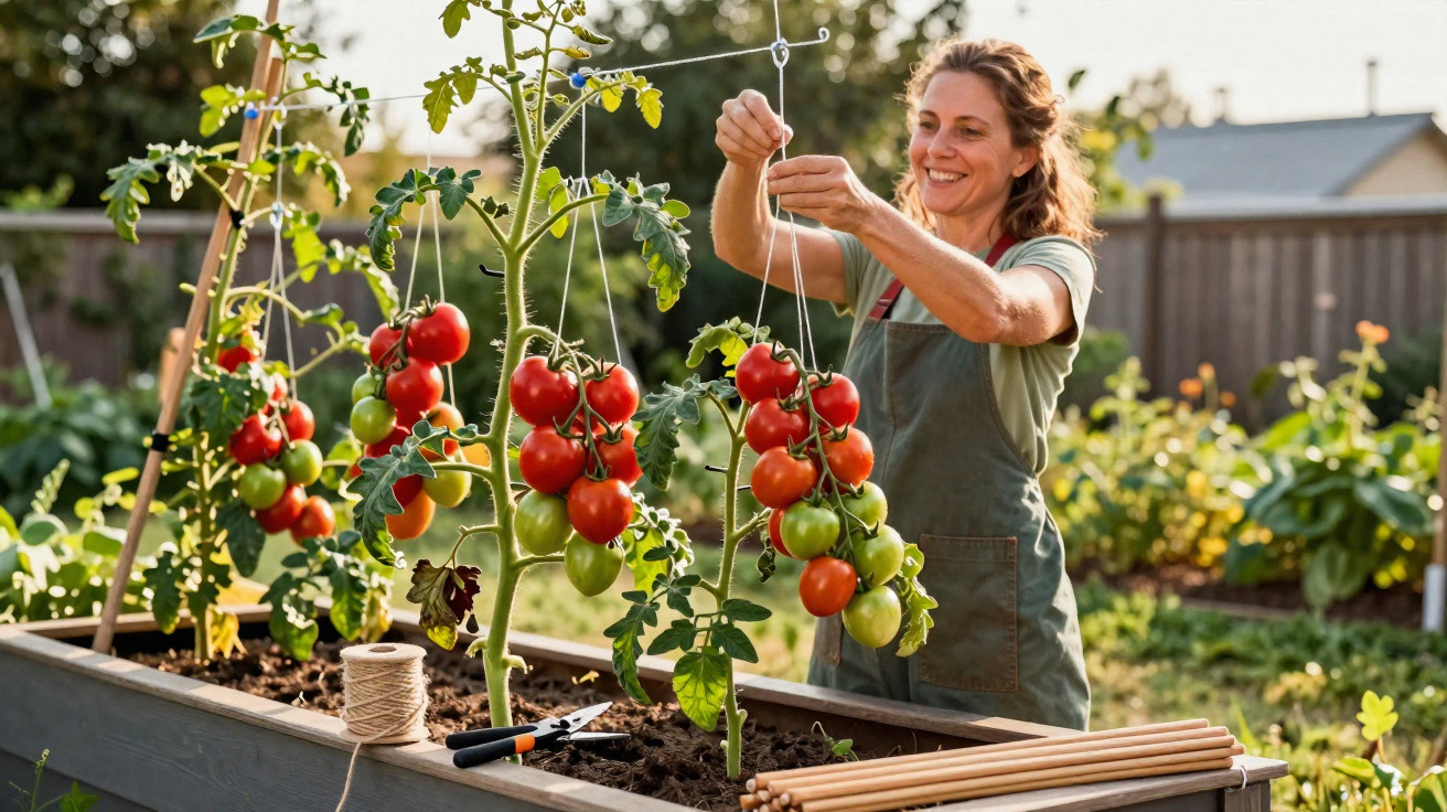 Mulher a cuidar e pendurar cachos de tomates maduros e verdes numa horta elevada ao ar livre.
