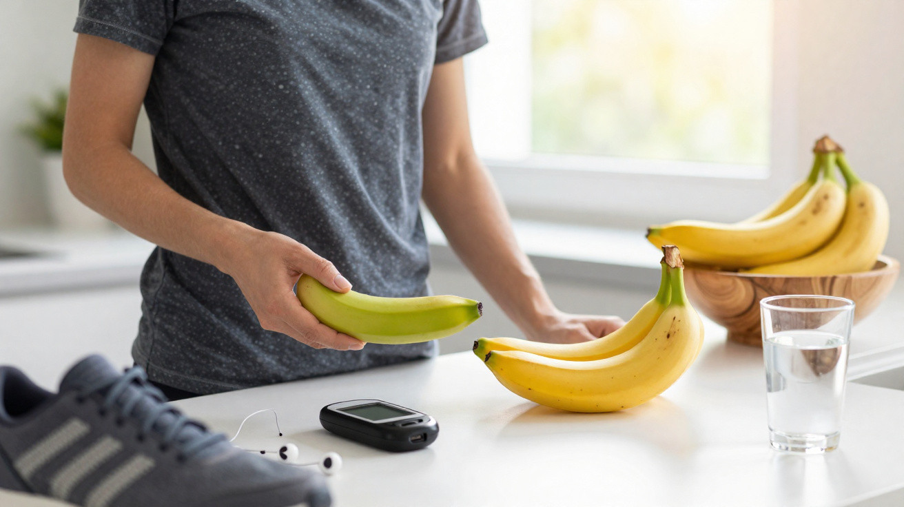 Pessoa com banana verde na mão junto a bananas maduras, um monitor de glicose, ténis e um copo de água numa mesa branca.