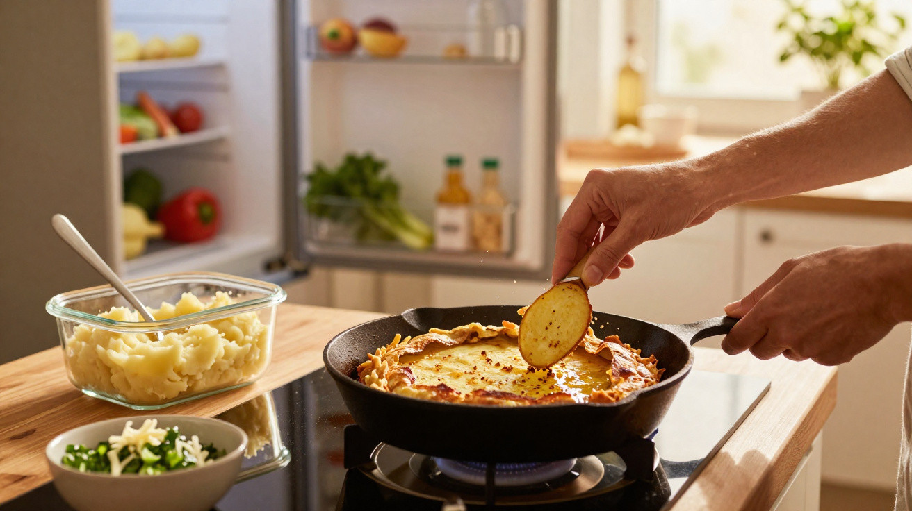 Pessoa a mergulhar chip de batata em dip quente servido numa frigideira na cozinha com comida ao lado.
