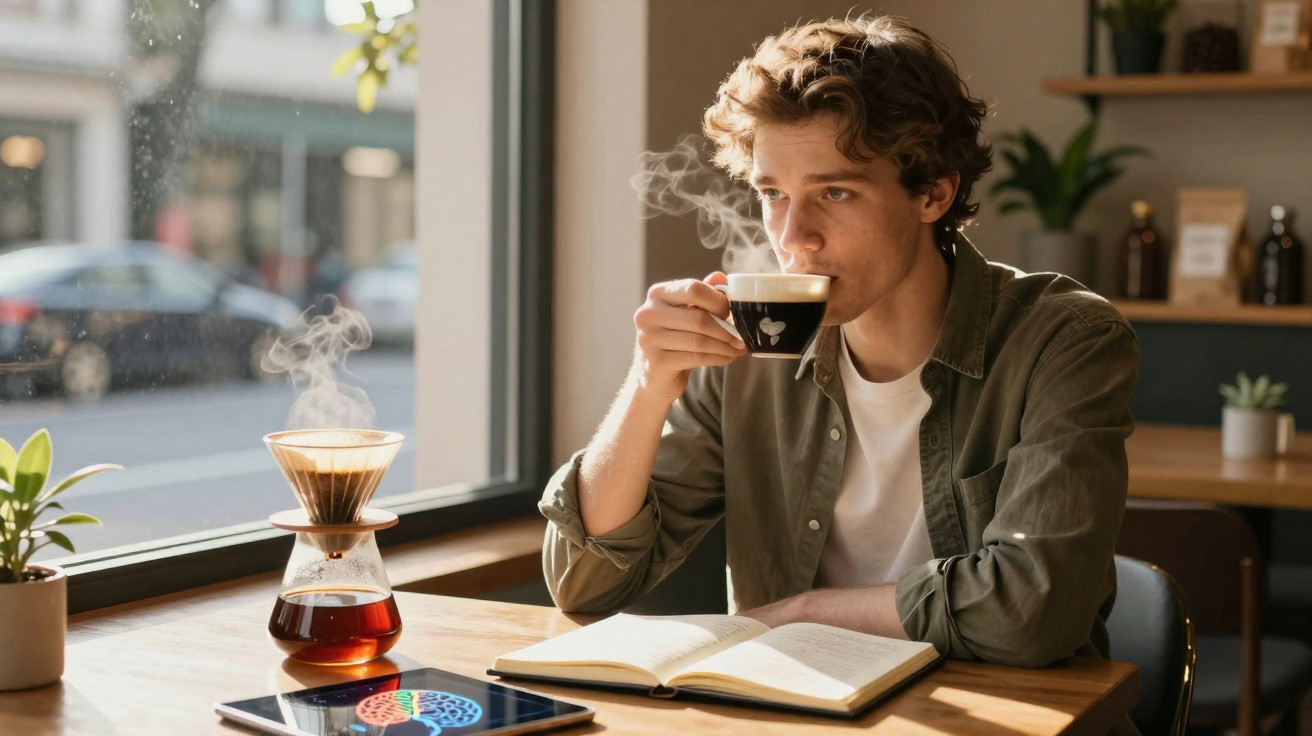 Homem jovem senta numa cafetaria, bebe café quente e lê livro aberto numa mesa junto à janela.