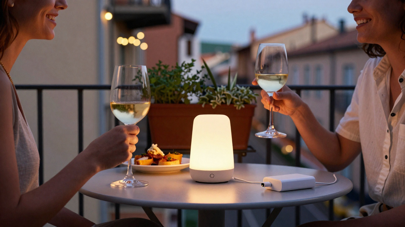 Duas pessoas brindam com copos de vinho branco numa mesa com luz ambiente e petiscos numa varanda ao anoitecer.