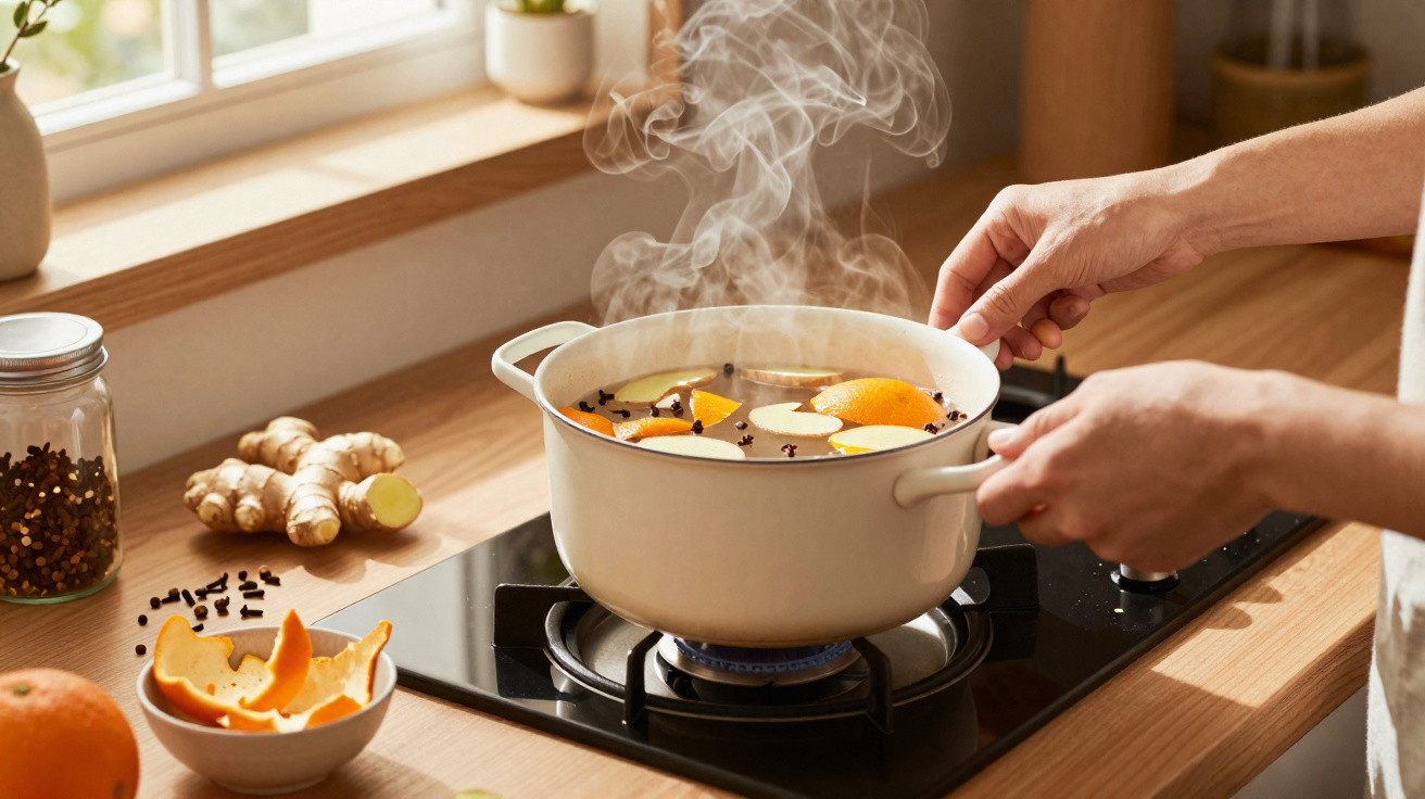 Mãos seguram uma panela branca com infusão de laranja, especiarias e gengibre a ferver no fogão à gás.