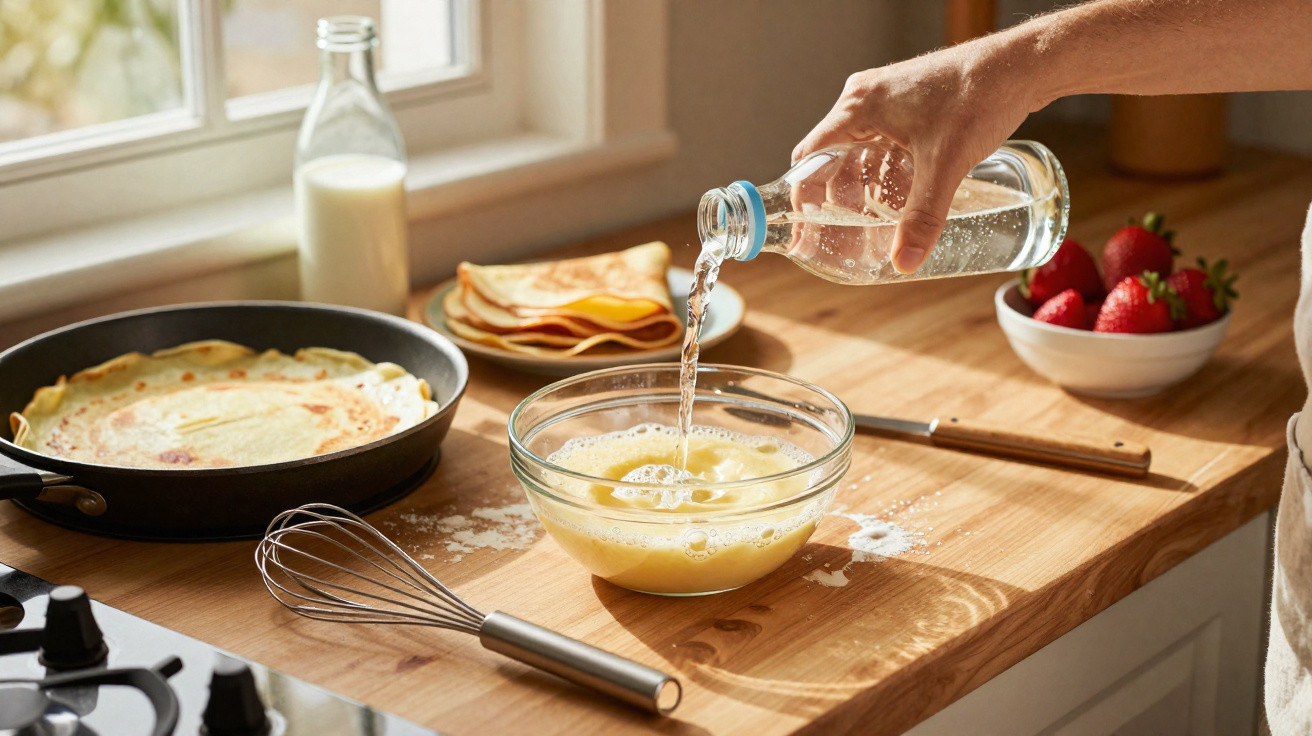Mão a verter líquido em taça com mistura para crepes, frigideira, saca-rolhas, morangos e panquecas na cozinha.