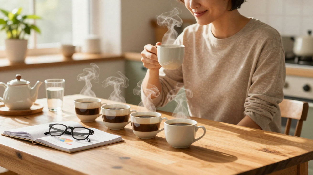 Mulher sentada à mesa a beber chá quente, com quatro chávenas fumegantes e um caderno com óculos.