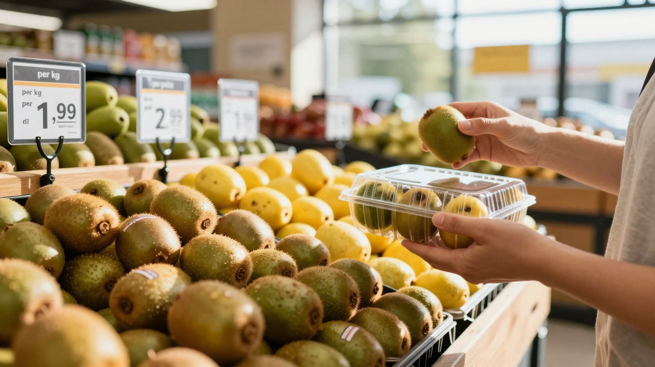 Pessoa a escolher kiwis num supermercado, com várias frutas expostas e etiquetas de preço visíveis.