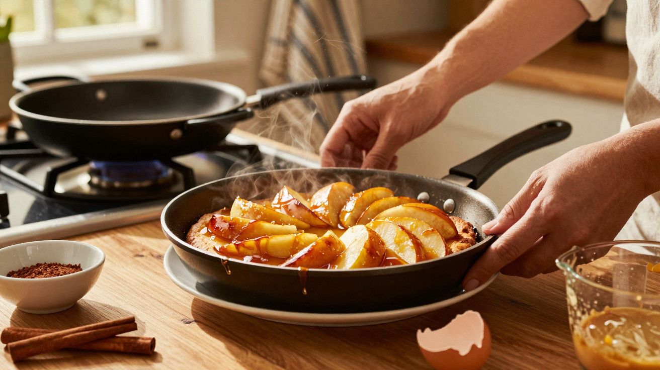 Pessoa a retirar do fogão sobremesa com fatias de maçã caramelizadas numa frigideira antiaderente na cozinha.