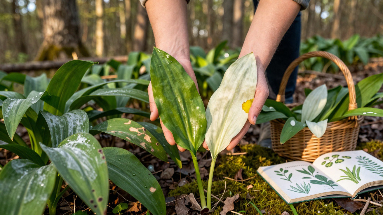 Mãos seguram folhas verdes e murchas de uma planta selvagem num bosque com cesto e livro de botânica.