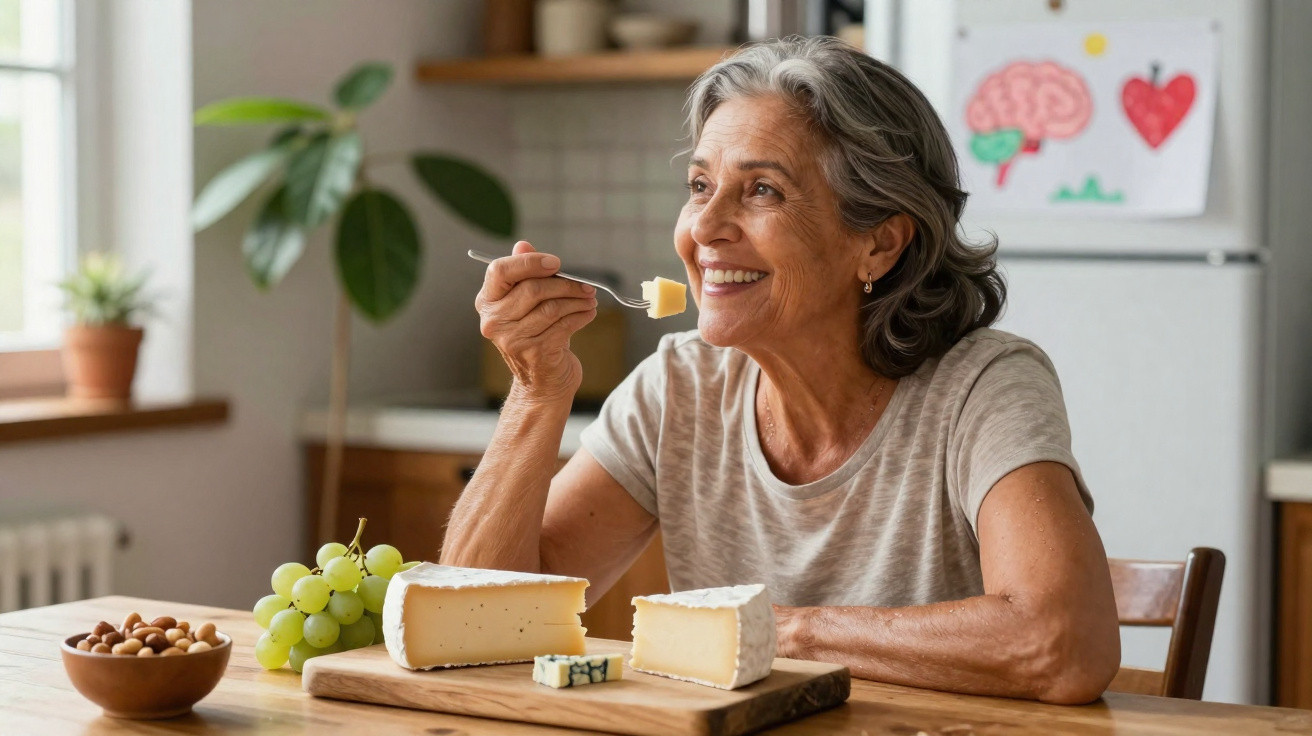 Mulher idosa sorridente a comer queijo com uvas e frutos secos numa cozinha luminosa.