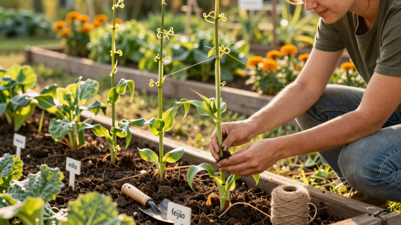 Pessoa a transplantar planta de feijão numa horta com várias plantas etiquetadas de milho e feijão.