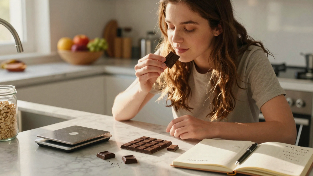Mulher cheira pedaço de chocolate sentada à mesa com bloco de notas aberto e balança digital numa cozinha iluminada.