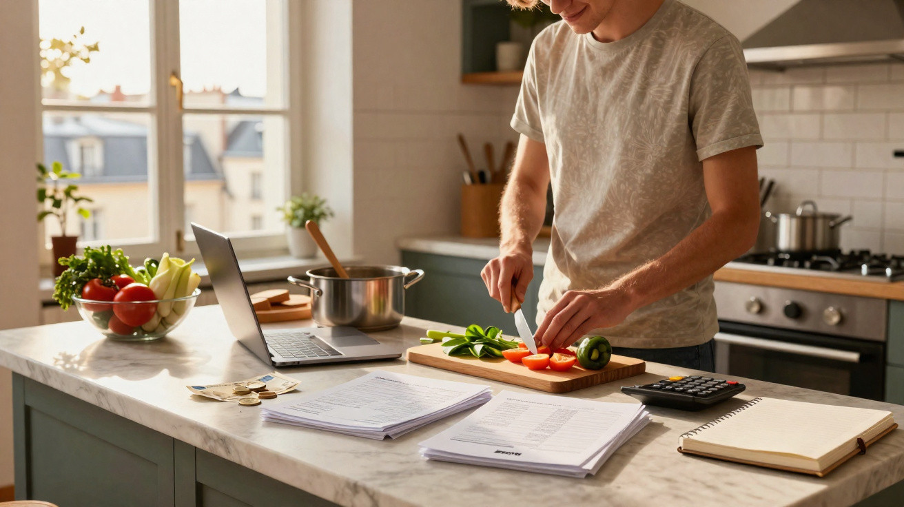 Pessoa a cortar tomate numa cozinha com documentos, computador e legumes na bancada.