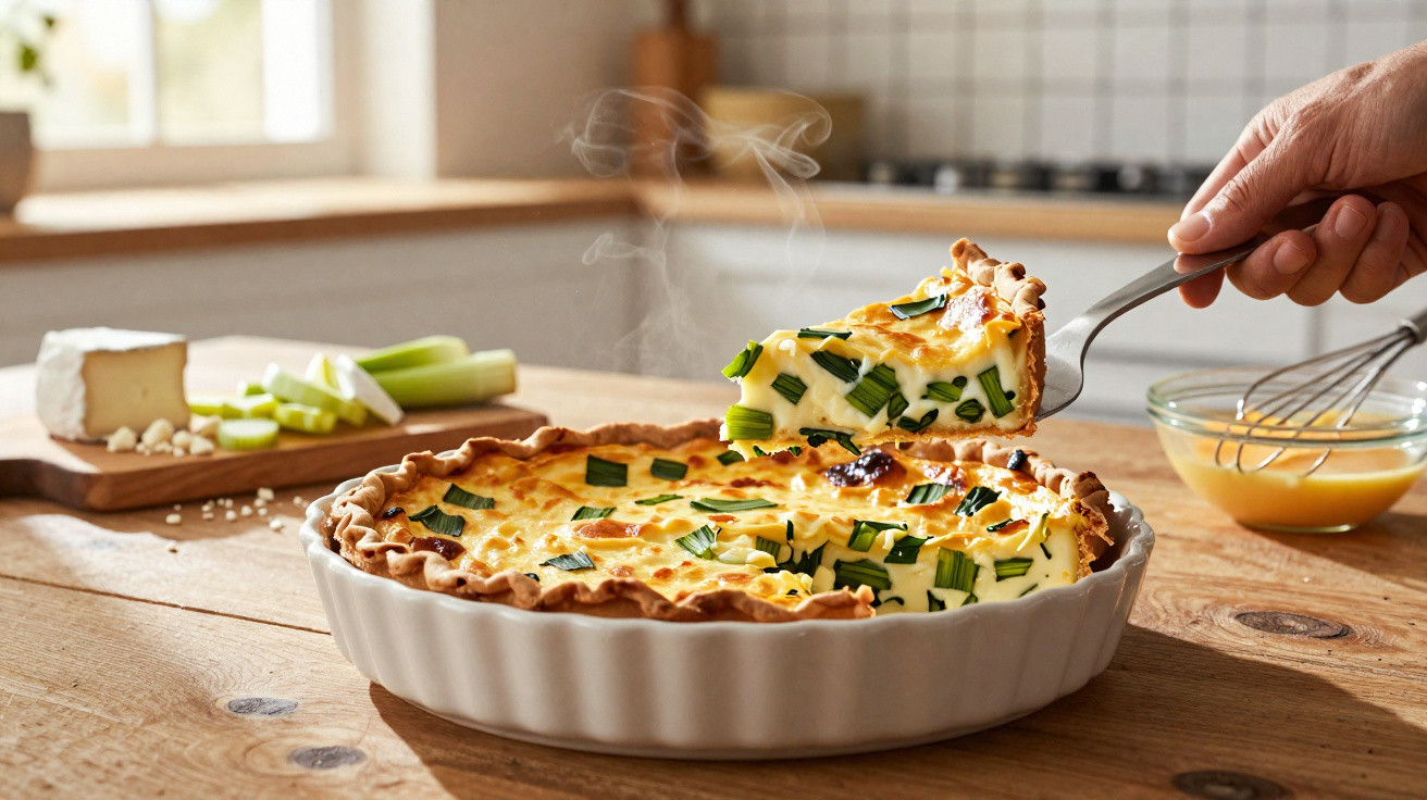 Tarte quente com cebolinho fresca, fatia a ser servida numa colher numa cozinha iluminada.
