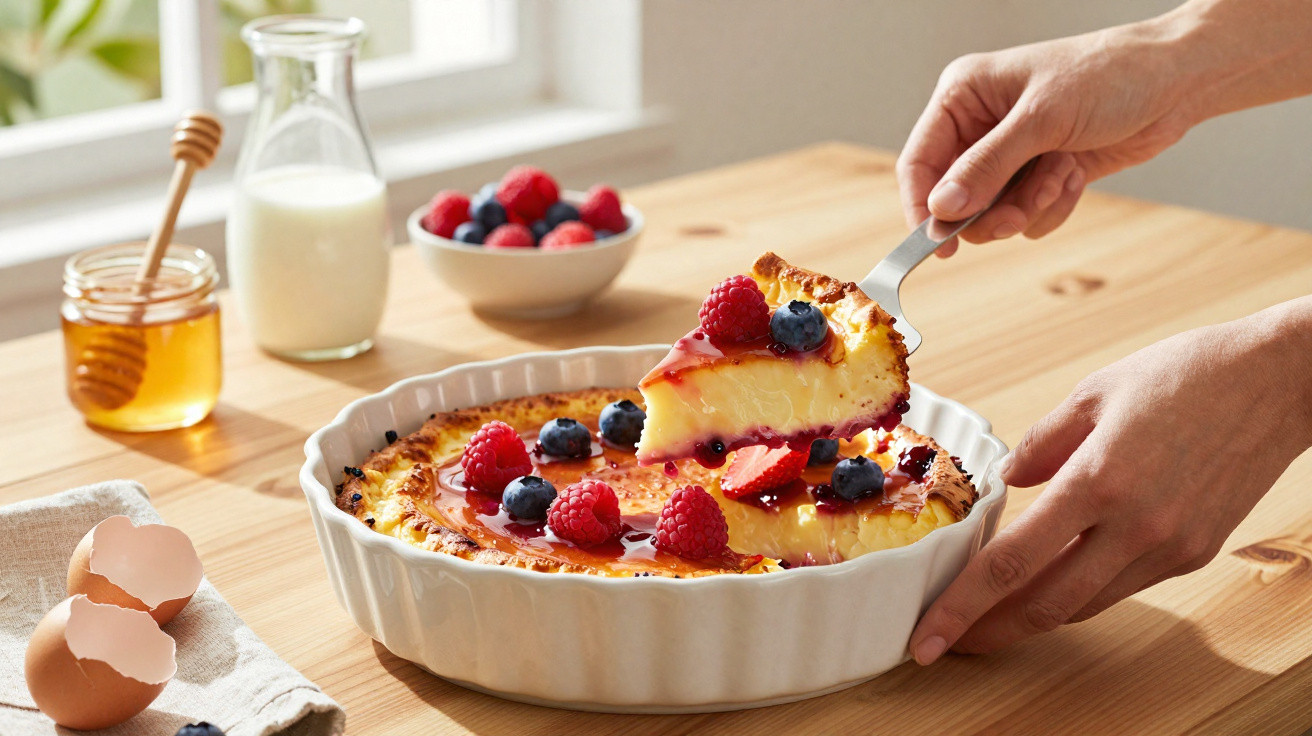 Pessoa a servir uma fatia de tarte cremosa com frutos vermelhos numa forma branca.