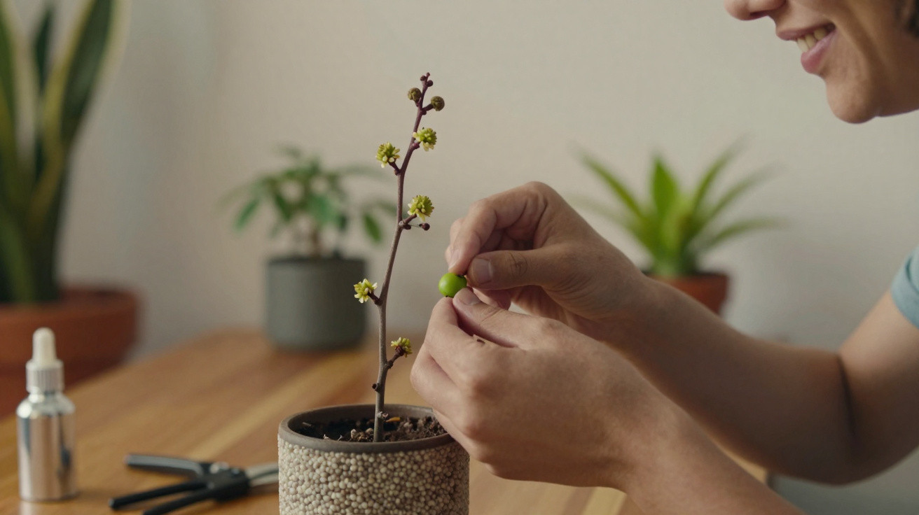 Pessoa a cuidar de uma planta em vaso, segurando uma pequena flor verde, numa mesa de madeira.