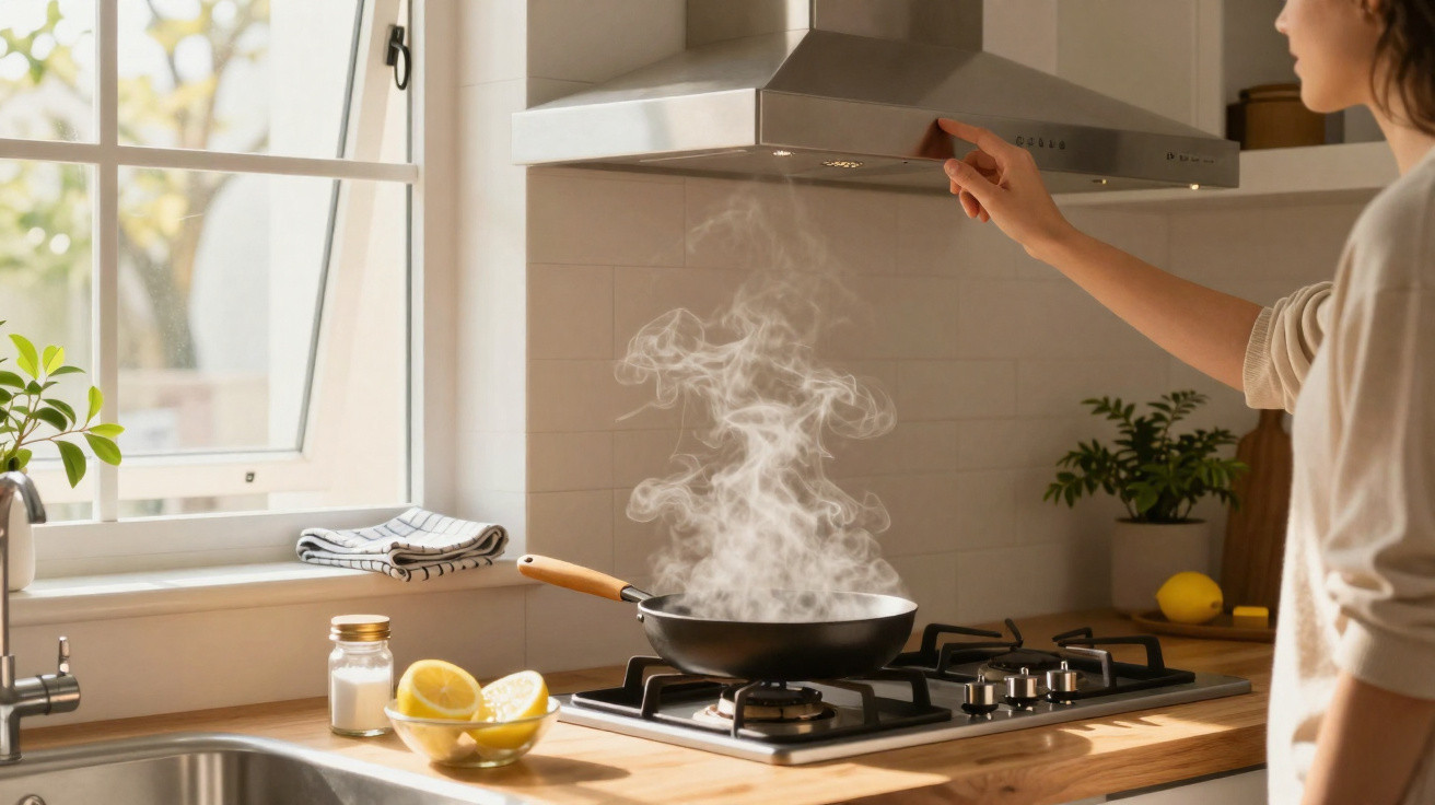 Cozinha moderna com panela a ferver e mulher a ligar exaustor junto à janela aberta e limões na bancada.