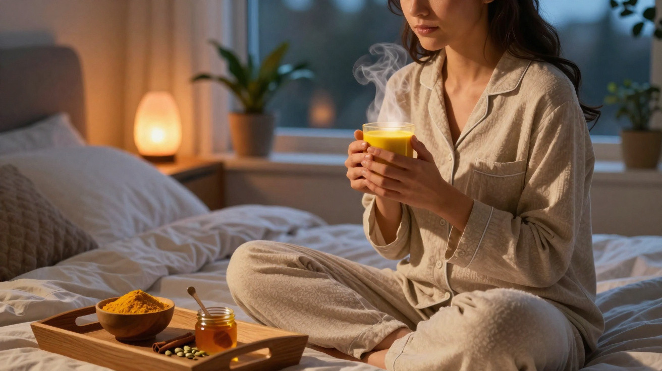 Mulher de pijama sentada na cama a segurar uma chávena de bebida quente num ambiente acolhedor e tranquilo.