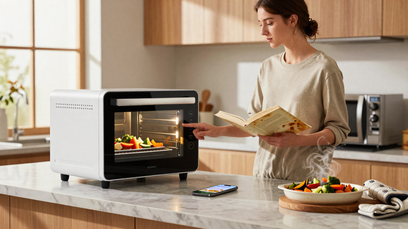 Mulher na cozinha a usar um forno elétrico, com legumes frescos dentro e receita na mão.