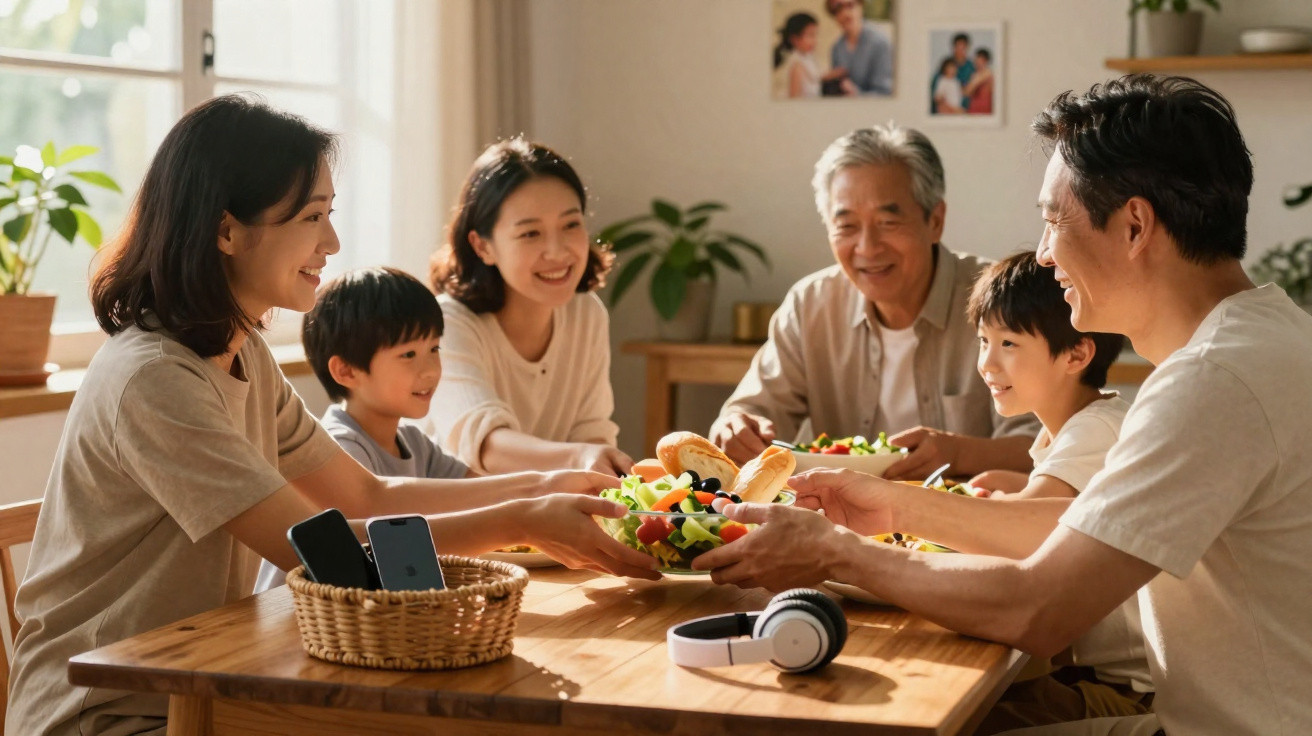 Família asiática sorridente a partilhar uma refeição saudável numa mesa de madeira num ambiente acolhedor interior.