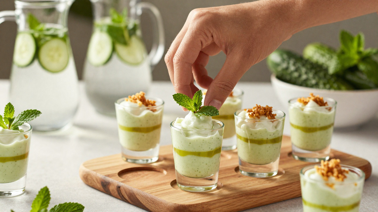 Mão a decorar copo com mousse verde e folhinha de hortelã em tabuleiro de madeira, com jarros e ervas ao fundo.
