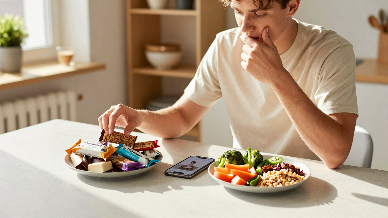 Jovem sentado à mesa com prato de snacks doces e outro prato de legumes e cereais, hesitando entre as opções.