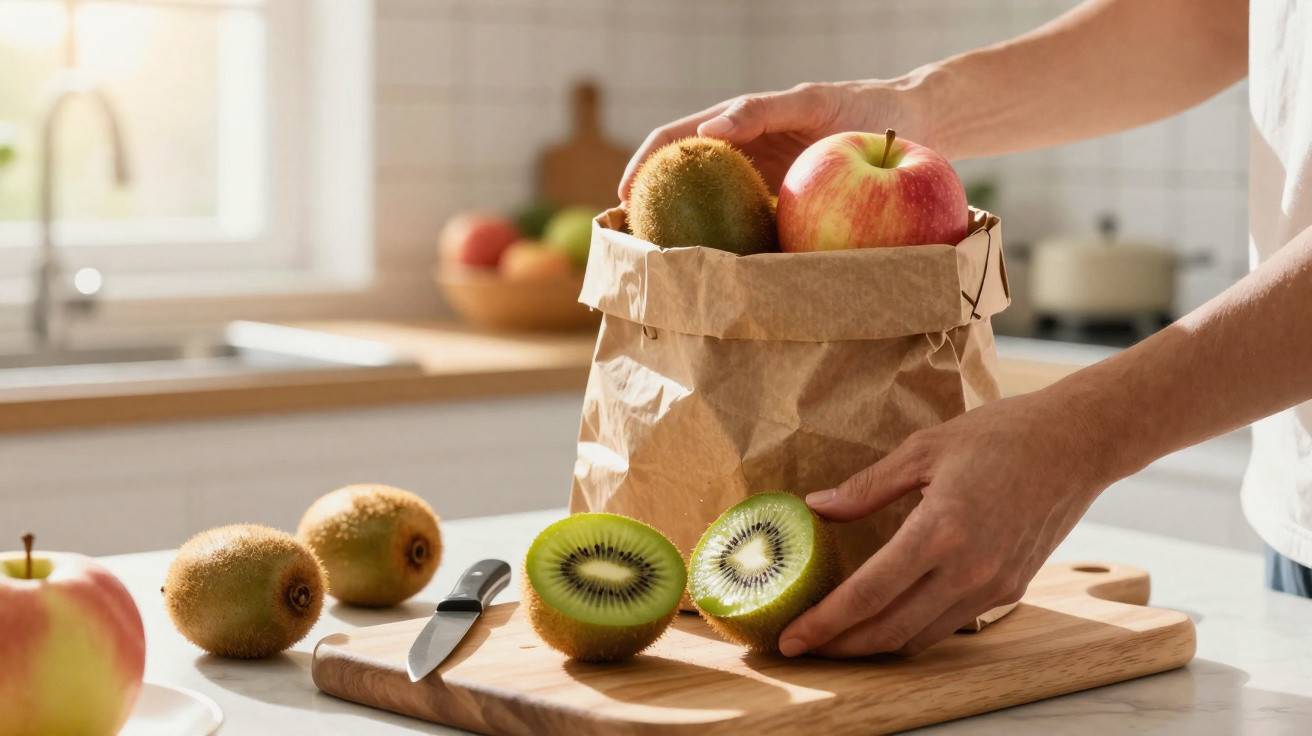 Mãos a tirar kiwis cortados e maçãs de um saco de papel numa cozinha iluminada.