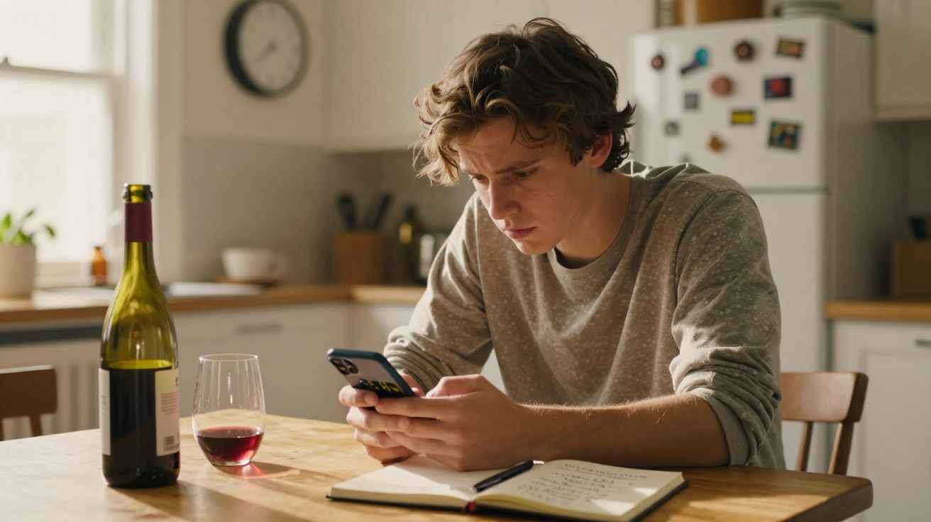 Homem jovem sentado à mesa, a olhar preocupado para o telemóvel, com garrafa e copo de vinho à frente.