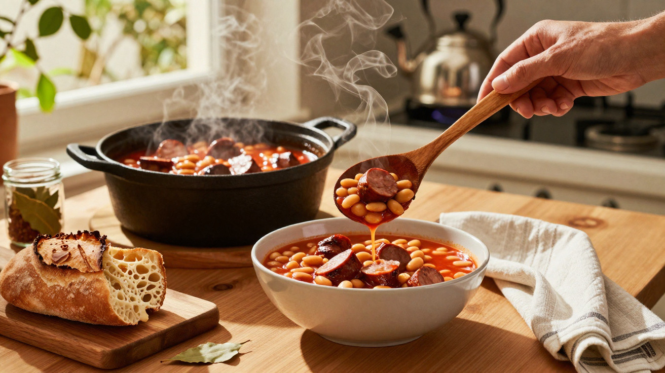 Sopa de feijão com chouriço a ser servida numa tigela, com pão e panela na mesa de madeira.